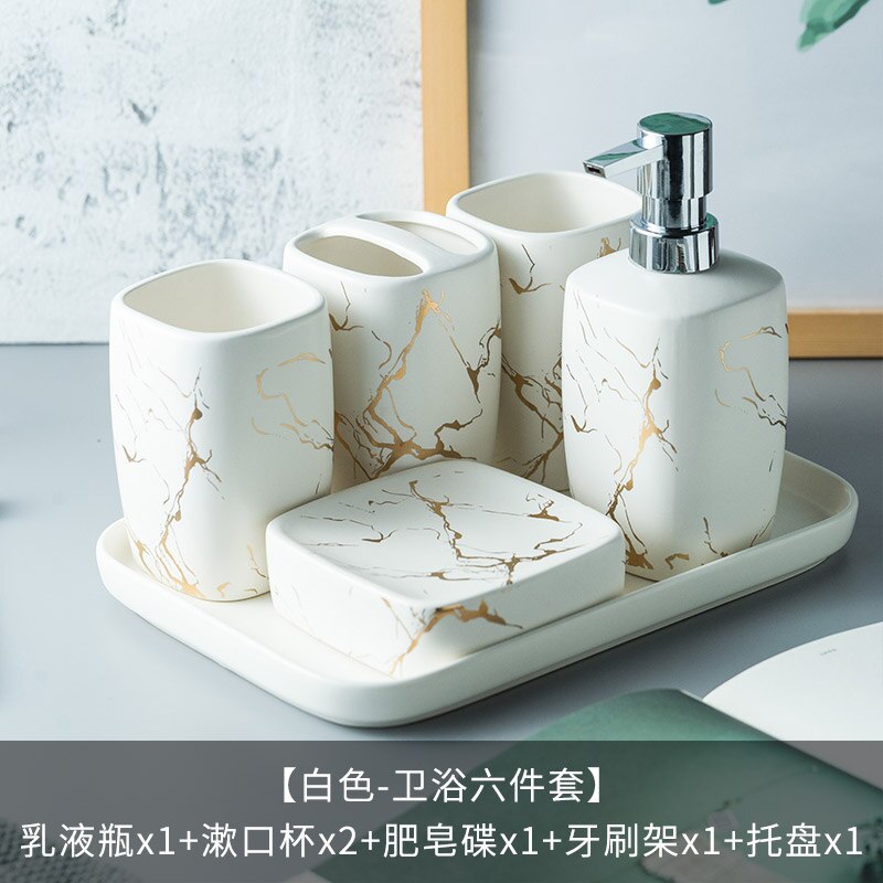Marmer Keramiek Badkamer Set 5Pcs Zeepdispenser/Tandenborstel Houder/Tumbler/Zeepbakje Lade Badkamer Decoratie accessoires