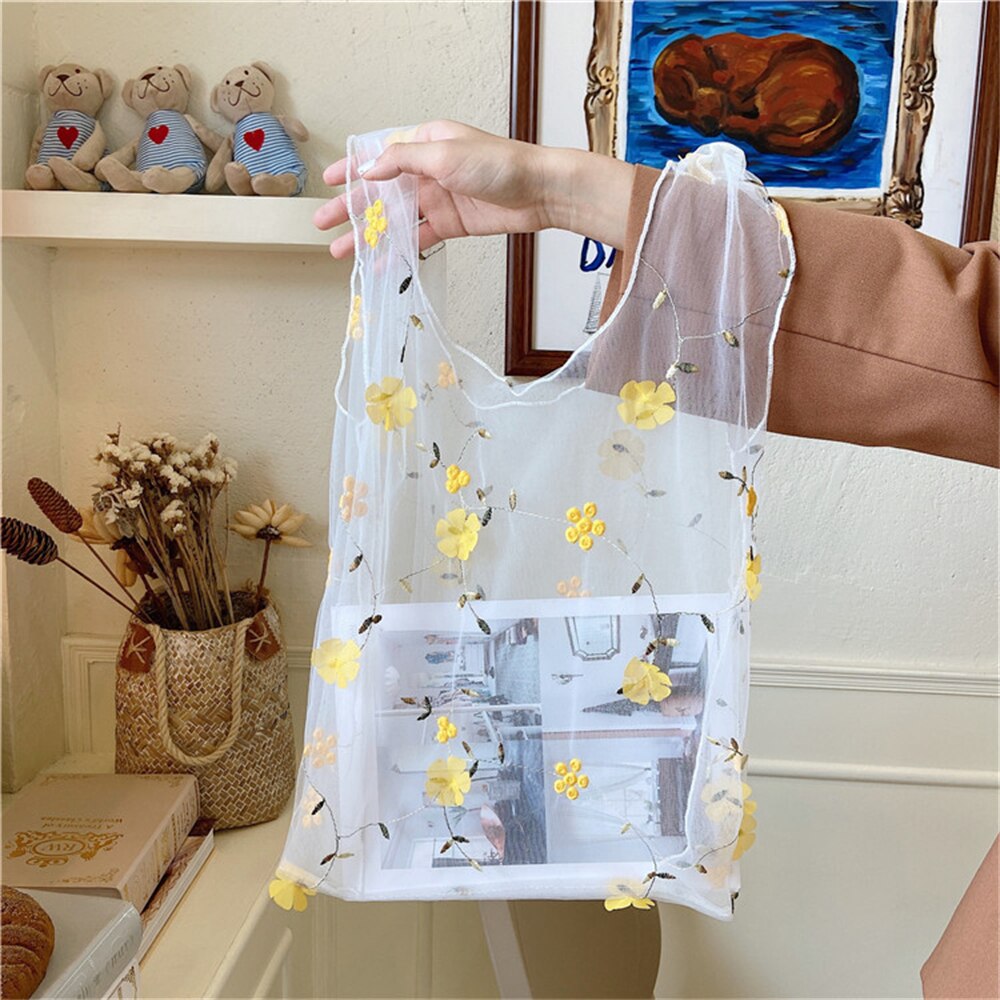 Vrouwen Opvouwbare Recycle Herbruikbare Handtassen Mesh Borduurwerk Light Clear Organza Jelly Boodschappentas Bloemen Tote Bag: Yellow2