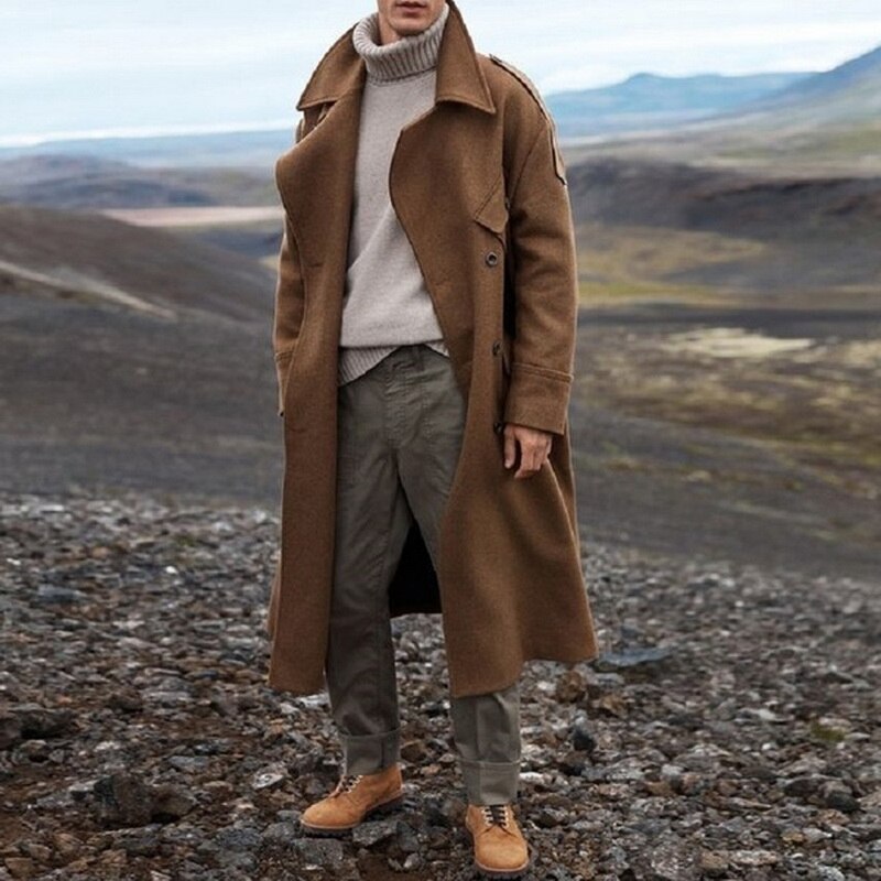 Kappa herr ledig lång jacka herr trenchcoat streetwear lång kappa herr solid herr vindjacka trenchcoat herr varm överrock: Kaki / Xxl