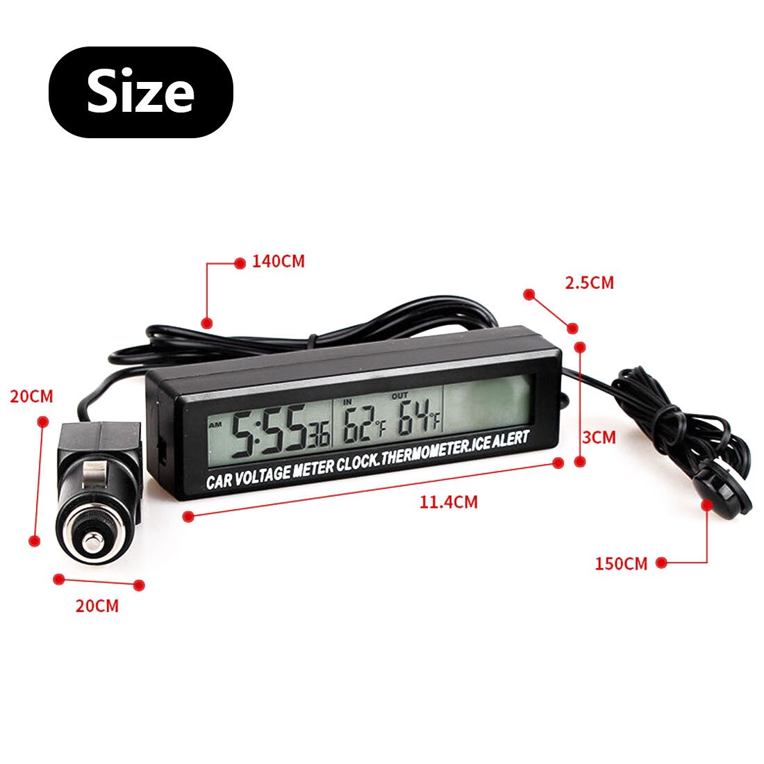 Car Digital Auto Thermometer Voltmeter Clock Volt 3 in 1 Temperature Monitor 12V Outdoor Indoor LCD Cigarette Socket Backlight