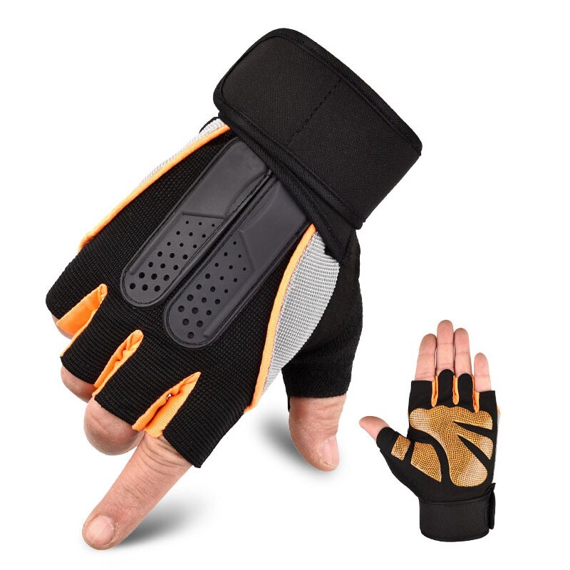 Fitness tungvægtstræning halvfingerhandsker skridsikker åndbar udvidet håndledsstøtte bodybuilding vægtløftning gymnastiksport: Orange sort / L