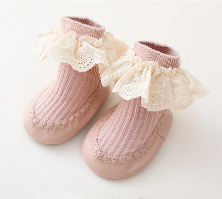 Baby Girls Ruffle Socks With Rubber Soles Infant Sock Newborn Autumn Children Floor Lace Flowers Shoes Anti Slip Soft Sole Sock: Dark Pink / 0-6Months(S)
