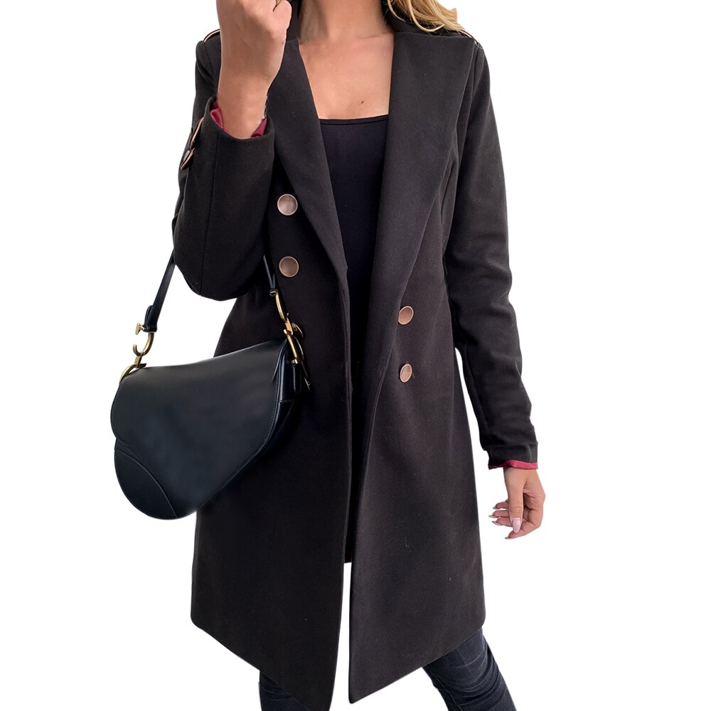 Abrigo de mezcla Kakhi de doble botonadura de largo medio Color sólido abrigo de lana Otoño Invierno mujer Vintage chaqueta Tops: black / S