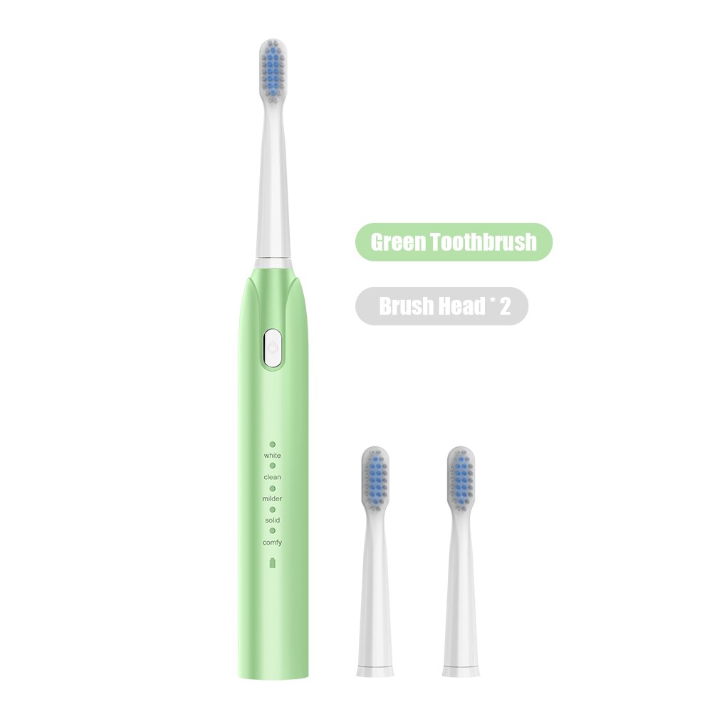 Electric Toothbrush With Two Brush Heads Adult Five-speed USB Rechargeable Teeth Brush Powerful Ultrasonic Electric Toothbrush: Green