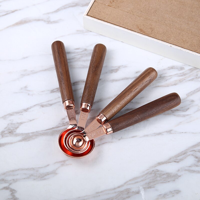 Walnut Handle Measuring Scoops Stainless Steel Plated Copper Kitchen Measuring Spoon Cup For Baking Brewing Measuring