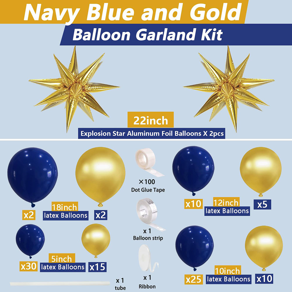 104 Uds. Kit de guirnaldas de arco de globos azul marino y dorado con globos de estrella de explosión para decoraciones de de cumpleaños de Año de boda: Default Title