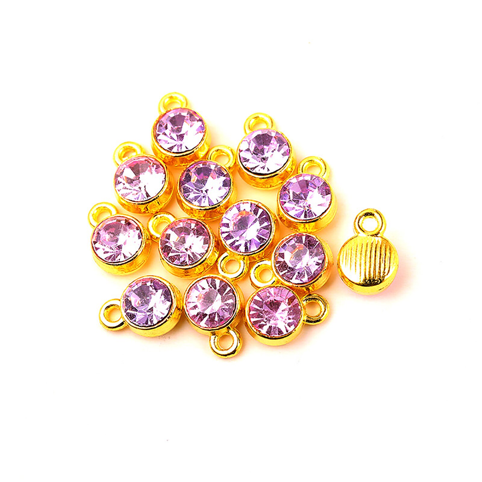 Charms Birthstone in lega di zinco e vetro tondo placcato oro viola 10mm x 7mm, 20 pezzi