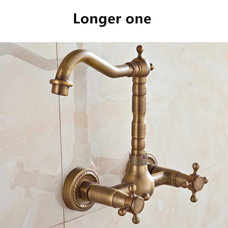 Luxe antieke bronzen wandgemonteerde badkraan met draaibare dubbele hendel voor koud en water: Lang