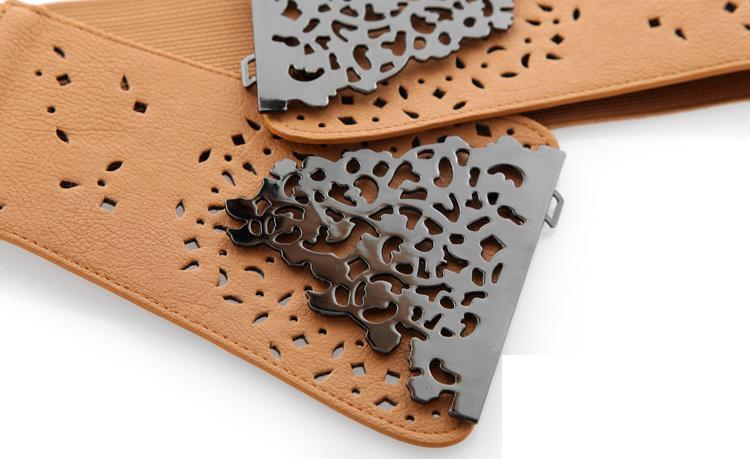 Korean Women Female Hollow Out Metal Buckles Pu Leather Patchwork Elastic Waist Belt , Black Wide Waistand For Woman