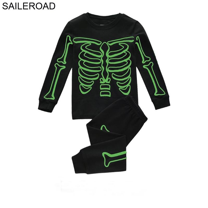 Saileroad 2-7 anos halloween noctilucence pijamas crânio para meninos outono crianças pijamas conjuntos de roupas para crianças kit