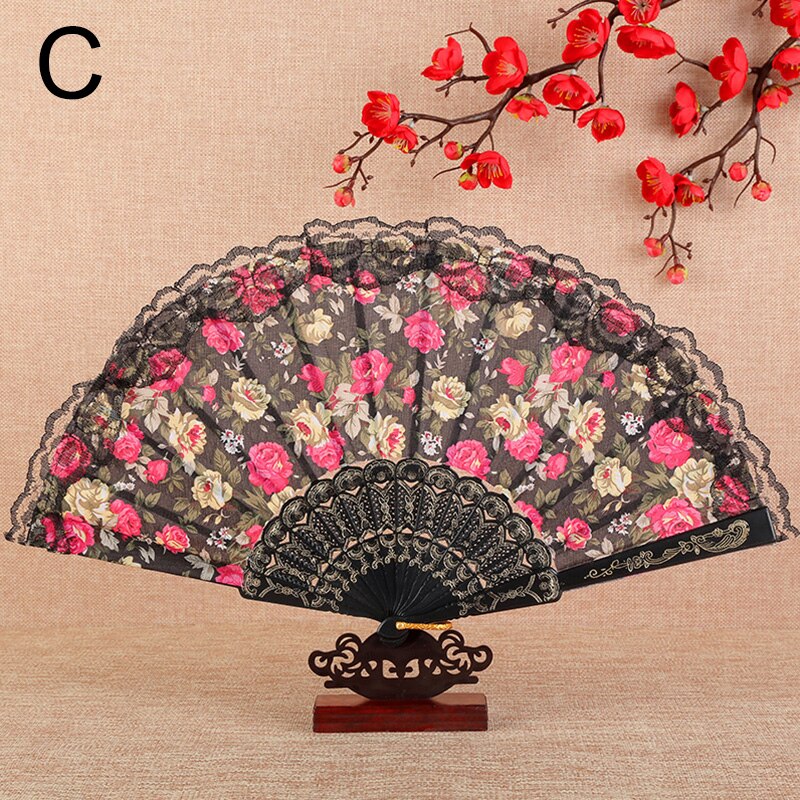 Vintage Flower Pattern Folding Fans Bronzing Wood Silk Plastic Hand Fans With Lace Ribbon Edge Dance Wedding Party Prop: C