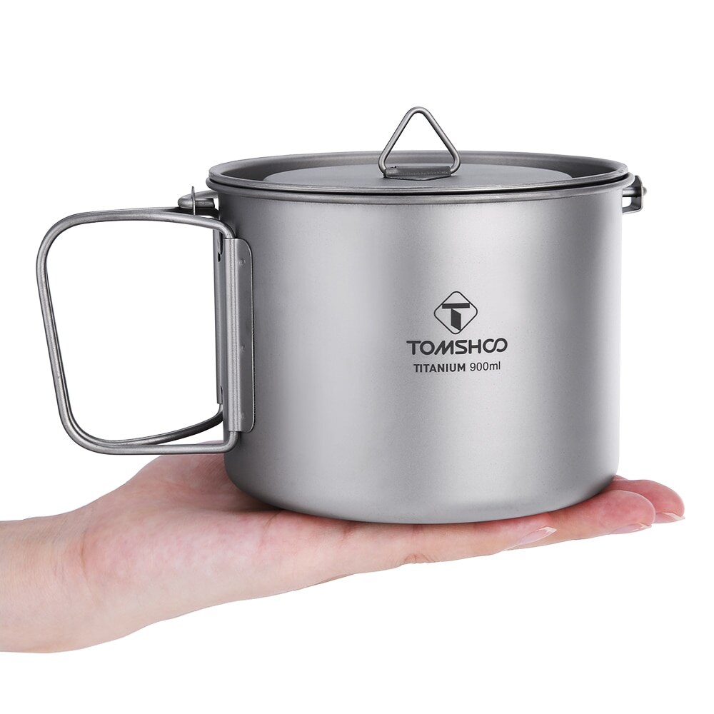 TOMSHOO 900ML Portable Titanium Pot Titanium Water Mug Cup with Lid and Foldable Handle for Outdoor Camping Cooking Picnic