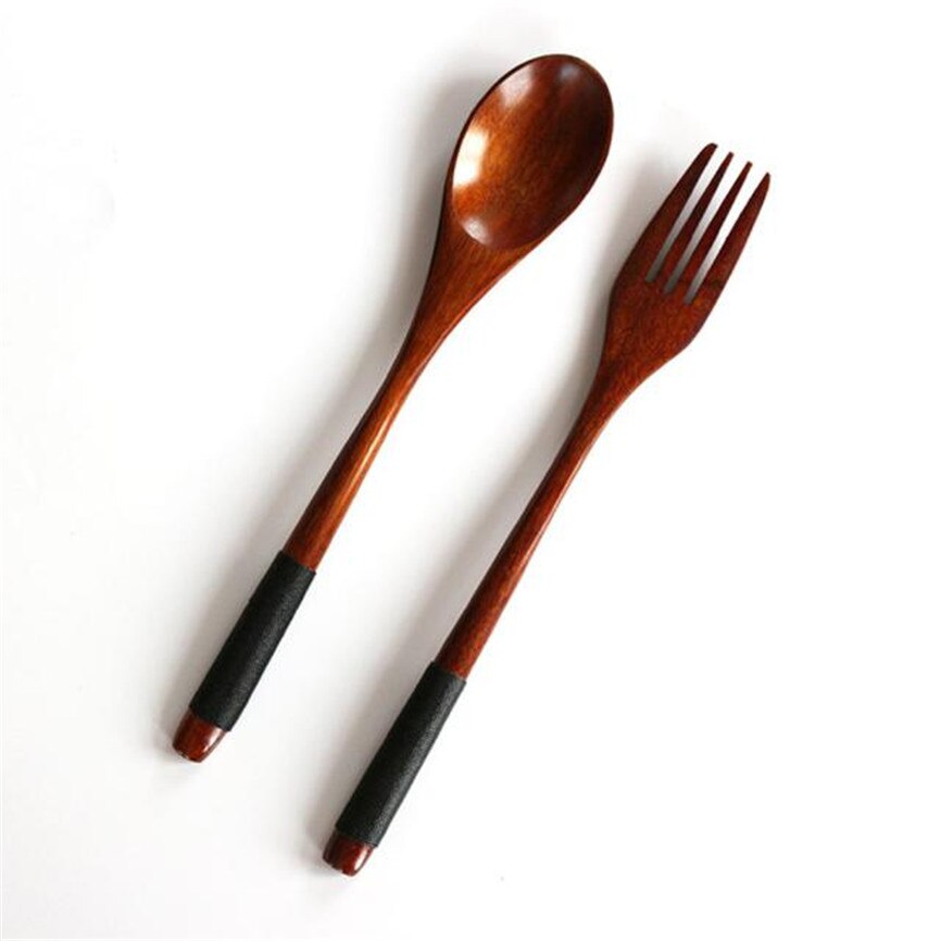 Colher de madeira de bambu cozinha utensílios de cozinha ferramenta sopa colher de chá catering colher de madeira + garfo de madeira: Black