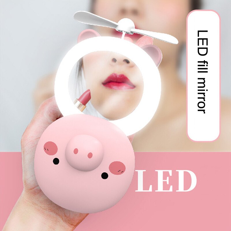 Vibrating Sound With The Pink Pig Beauty Mirror Portable Small Fan USB Charging Mini Handheld LED Fill Light Makeup Mirror