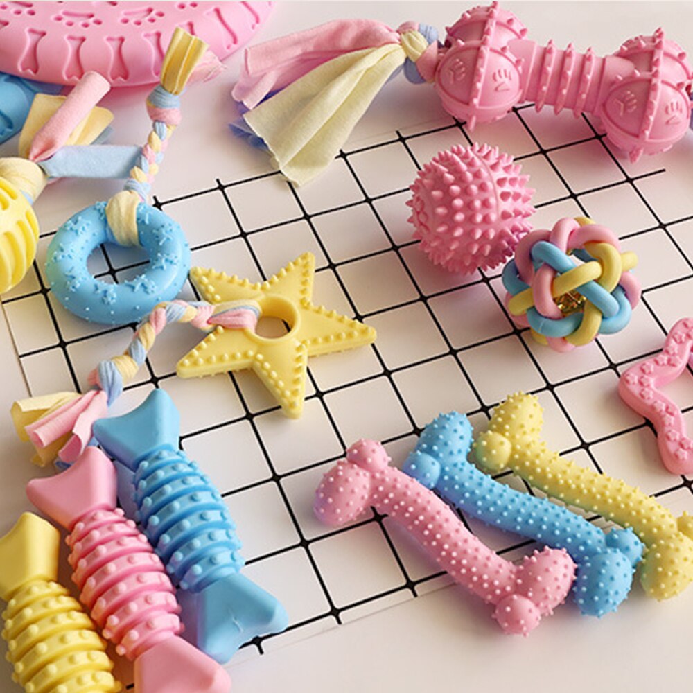 Macaron Rubber Dog Chew Toys Bone Shape Dog Chewing Toys for Large Small Dogs Teeth Clean Interactive Large Puppy Dogs Ball Toy