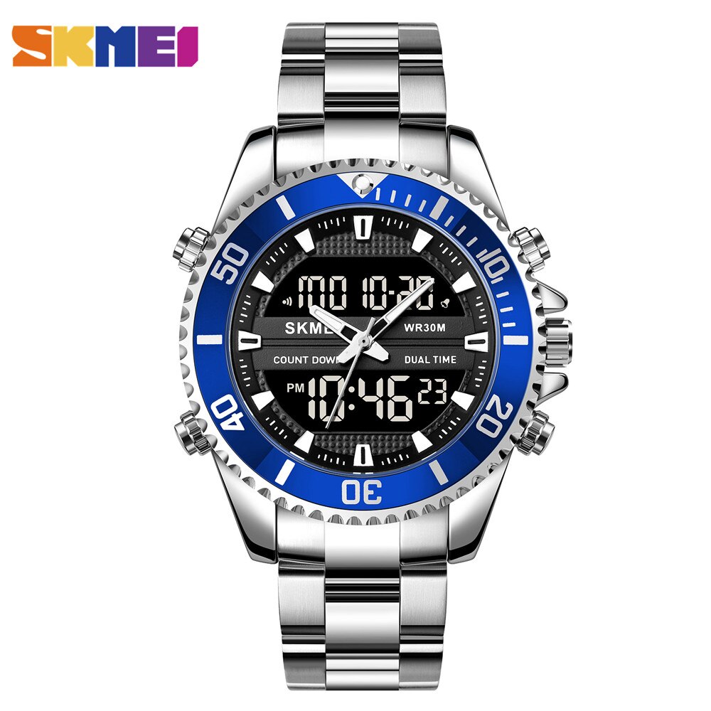 Skmei Dual Display Horloges Heren Mode Digitale Horloges Chrono Alarm Mannen Klok Waterdichte Rvs Relogio Masculino: silver blue