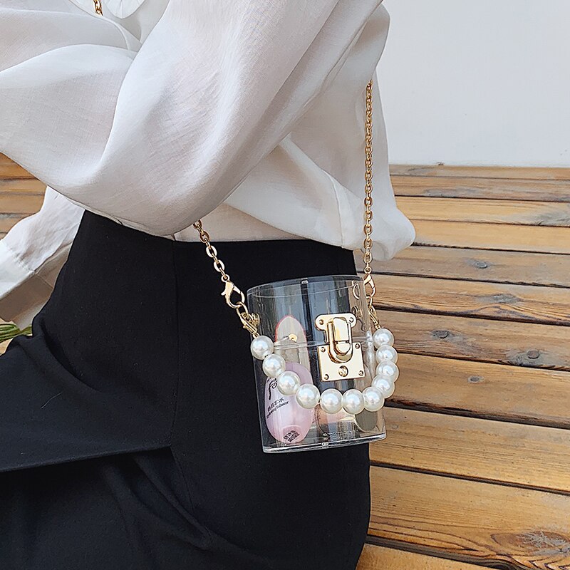 Gennemsigtig mini perle tote taske sommer høj pvc kvinders håndtaske kæde skulder messenger taske punge
