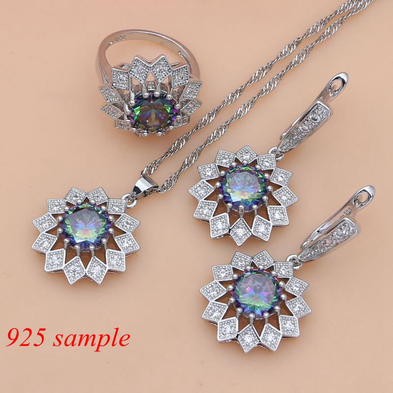 Aardbei Mystic Regenboog Zirkoon Zilver 925 Sieraden Set Decoraties Voor Vrouwen Oorbellen/Hanger/Ring/Armband/Ketting set