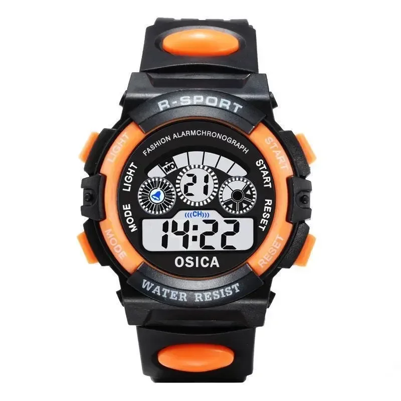 Kinder elektronische uhren farbe leucht zifferblatt leben wasserdicht multi-funktion luminous alarm uhren uhr für jungen und mädchen: style1-orange