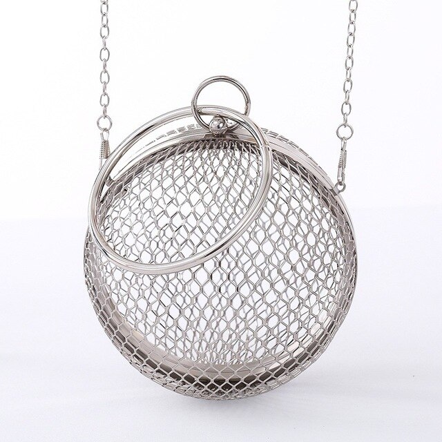 Metal Ball Women Shoulder Bag Gold Cages Round Hollow Clutch Luxury Wedding Party CrossBody Purse Handbag Travel Beach Bags: Silver