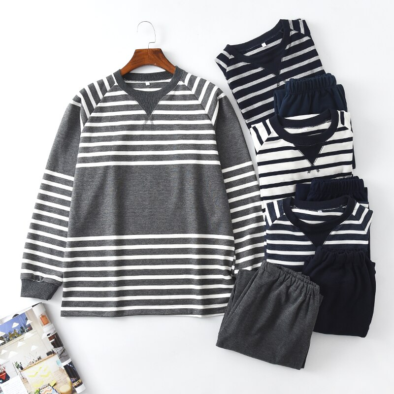 Pajamas for men knitting Cotton stripe Pajama set Sleep pullover Sleepwear