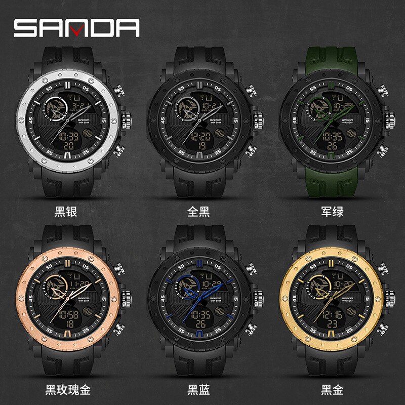 Sanda/Koreaanse Multifunctionele Dubbele Display Lichtgevende Elektronische Horloge Water Outdoor Bergbeklimmen Mannen Horloge