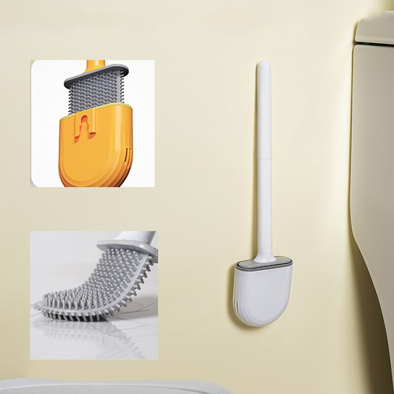 Detachable Water Leak Proof Toilet Brush Base Silicone Flat Head Flexible Soft Bristles Brush with Quick Drying Easy Cleaning