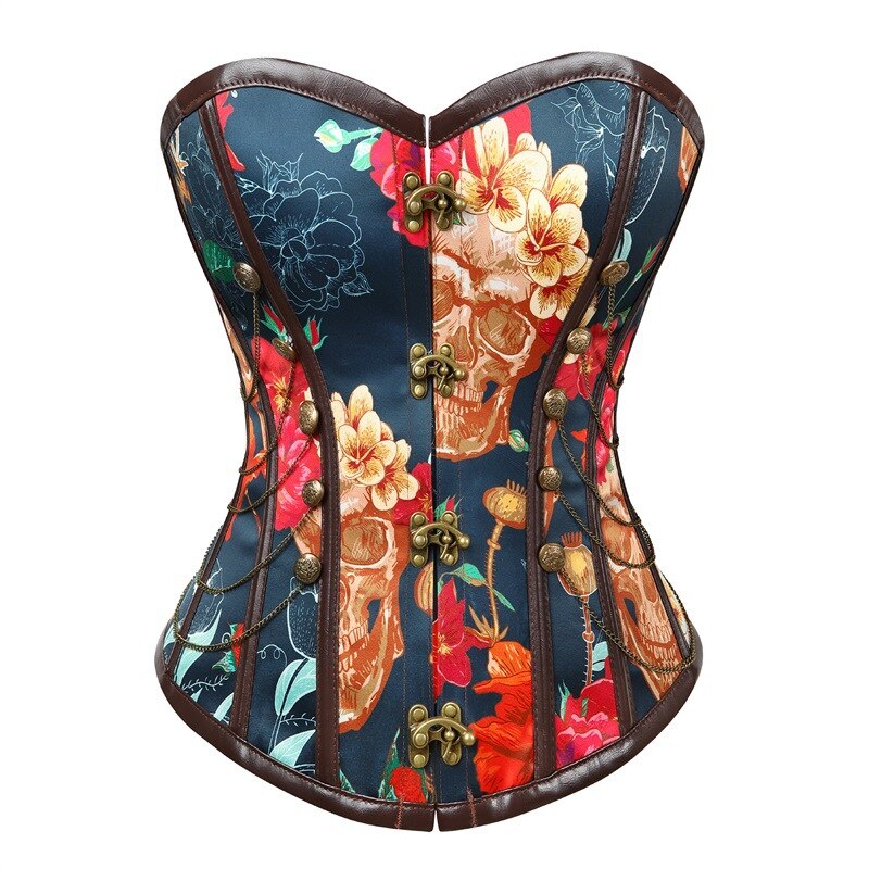 Floral Gothic Women Corset With Chains Slimming Waist Trainer Flower Print Overbust Shapewear Corselet Bustier Lady Shapers: Navy Blue / XL