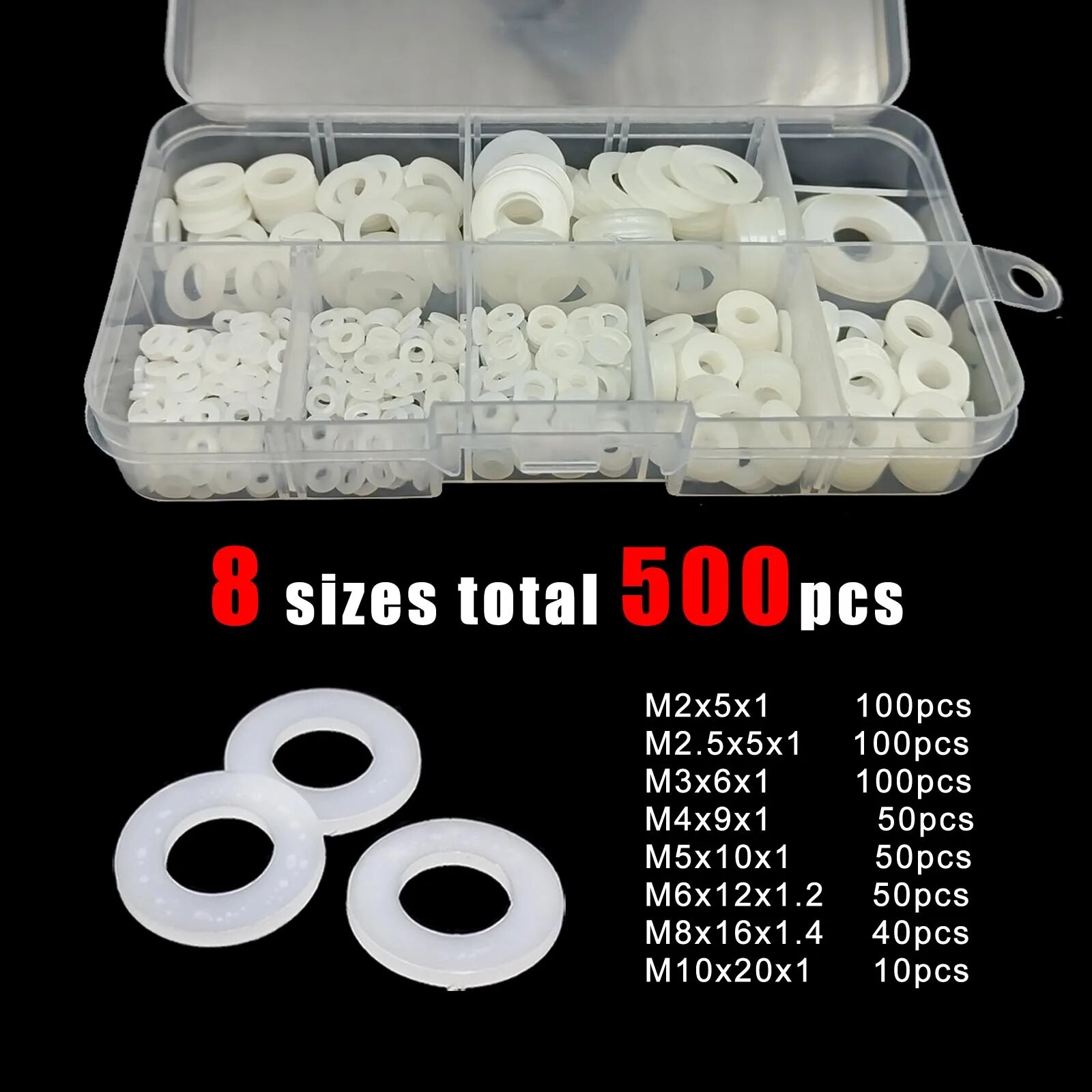 1150/700/500pc caixa de plástico náilon arruela plana espaçador simples anel junta isolamento variedade kit conjunto m2 m2.5 m3 m4 m5 m6 m8 m10: Branco