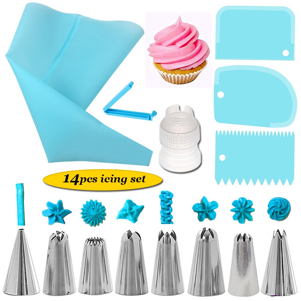 14 Stuks Cake Decorating Kit Rvs Piping Nozzle Tips Bakken Set Voor Cake Cookies Piping Nozzle Tips Bakken Set: blue