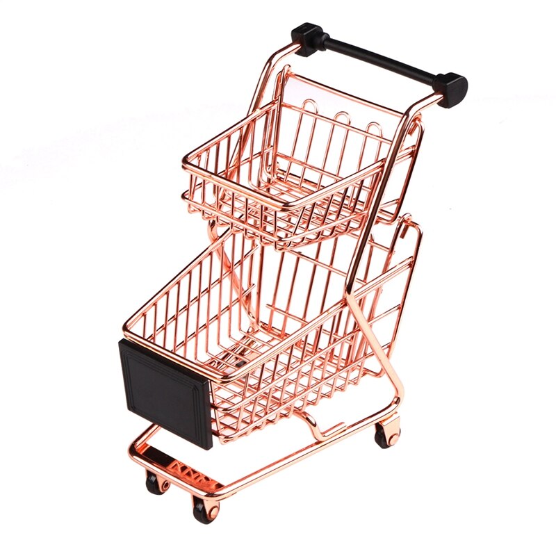 Mini Double Layers Shopping Cart Model Wrought Iron Supermarket Trolley Metal Rose Gold Storage Basket