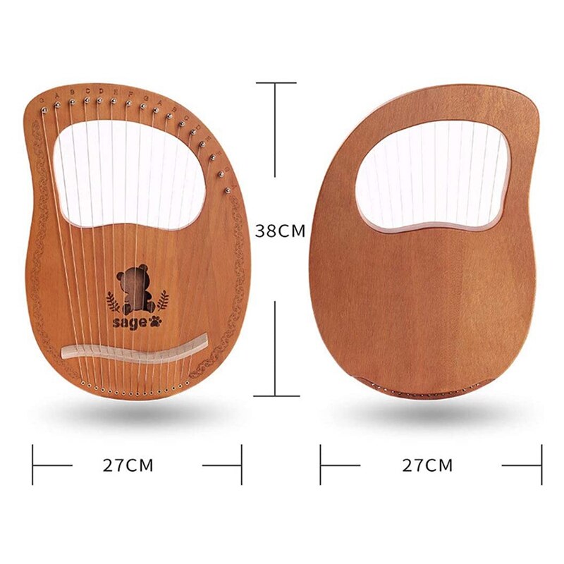 Lyreharpe ,16- strengs harpe heptachord mahogni lutharpe med stemmenøkkel for musikkelskere nybegynnere
