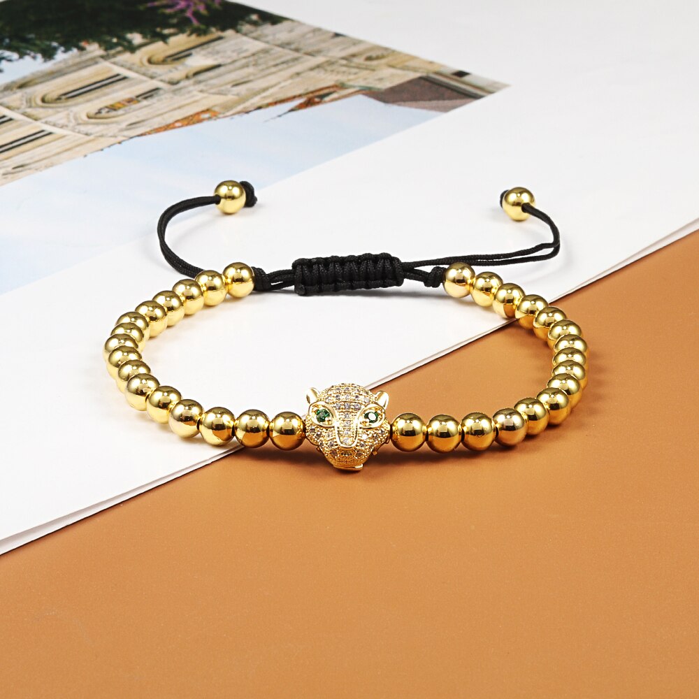 Leopard Head Bracelet Adjustable Beads Pave Zircon Bracelet For Men Women Charm Jewelry Best Friend: gold leopard