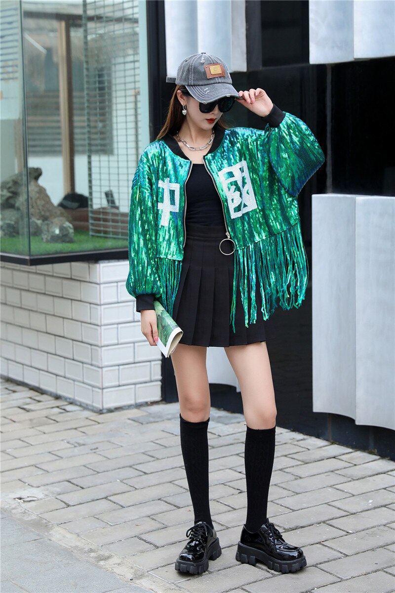 Veste à paillettes pour femmes, Streetwear, Hip Hop, couleur unie, automne, pompon, Patchwork, manteau, col rond, vêtements d&#39;extérieur amples bling-bling: green