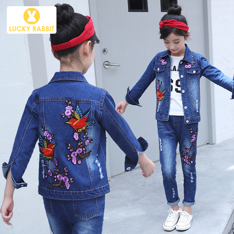 Boutique Teen Girls Coat Kids Spring Autumn Floral Embroidery Purple Flowers Jacket Girls Denim Single Jacket