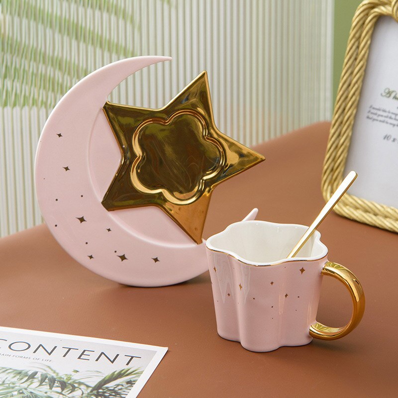 Ceramic Star Moon Shaped Coffee Mug And Saucer With Spoon Milk Tea Water Cup Gold Rim Cafe Mugs Plate Dish Coffeeware Home Cups