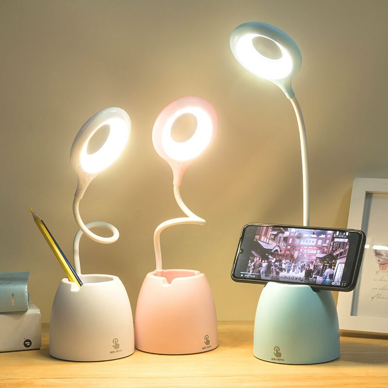 Led bureaulamp oogbescherming leren drie-blok touch opladen schat penhouder studentenhuis oogbescherming bureaulamp: Blauw
