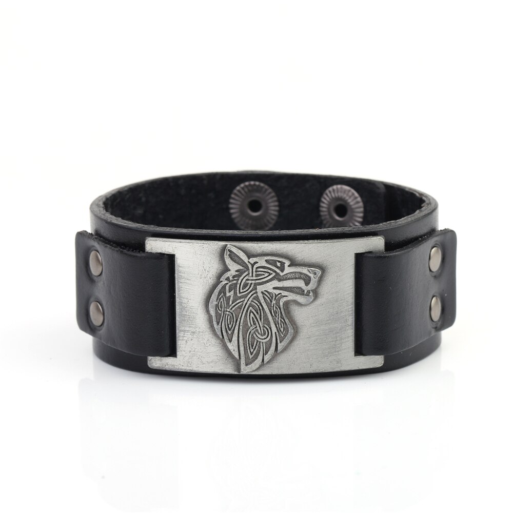 Dawapara Viking Wolf Hoofd Armband Voor Mannen Badge Charm Punk mannen Zwart Lederen Armband Brede Leren Armbanden Voor Vrouwen