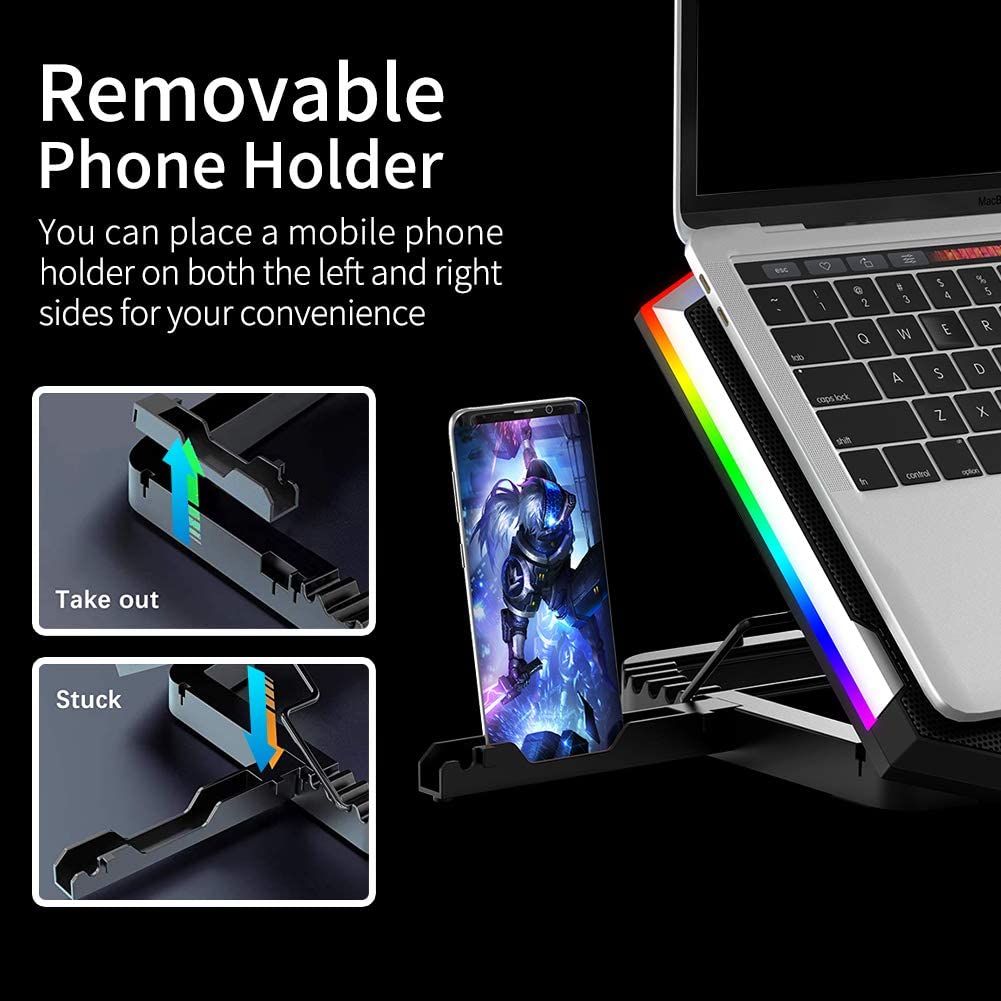 Refrigerador RGB para ordenador portátil, almohadilla de refrigeración para portátil de 12-18 pulgadas, seis ventiladores, pantalla LCD, soporte ajustable para Notebook, dos puertos USB
