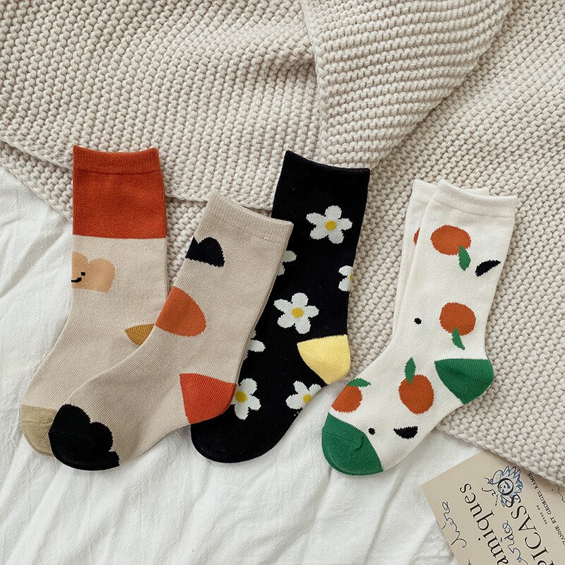 Cartoon Flower 4 Pairs/lot Children's Socks Korean Cotton Retro Color Baby Girls Socks for 1-8Y Kids: 1-3T