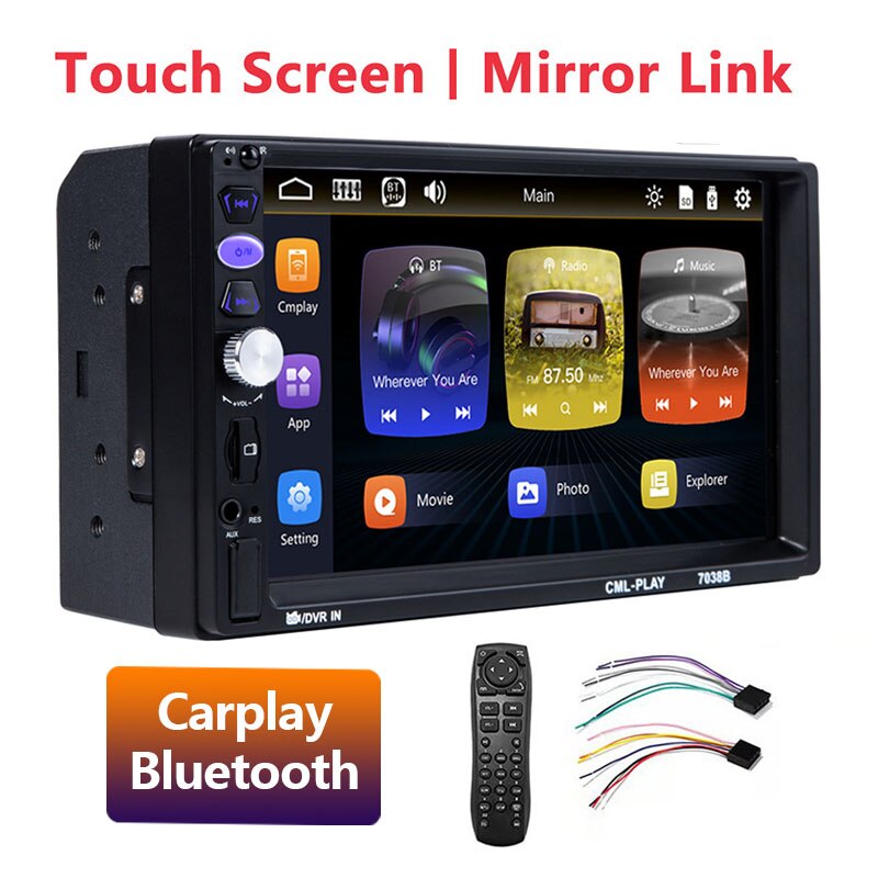 Autoradio car  mp5 player apple carplay android auto touch screen spejl link universal 2 din 7 tommer hd reversing bluetooth tf usb: 7038b carplay