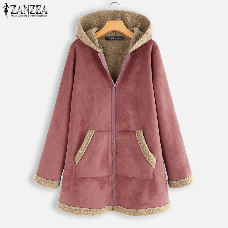 Plus Größe ZANZEA Winter Reißverschluss Vlies Jacken Frauen Jahrgang Feste Kapuze Langarm Warme Mäntel Mäntel Femme Outwear