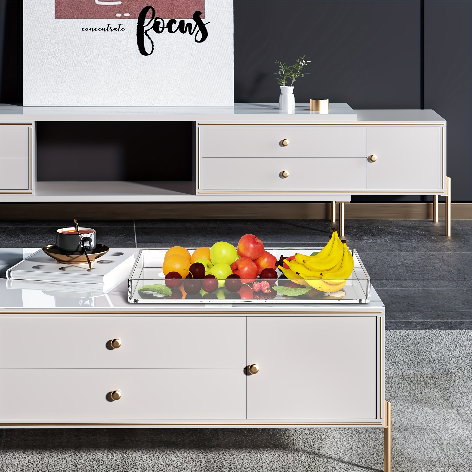 Rektangulært gjennomsiktig akrylbrett for sminke, vask, oppbevaring, kjøkken, frukt, snacks og diverse bruksområder