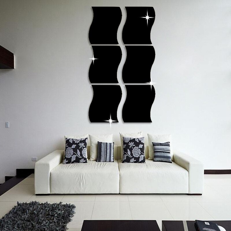 6 teile/los 3D Gespiegelt Aufkleber Dekorative Acryl Spiegel Welle bilden Zauberstab Aufkleber Wohnzimmer Schlafzimmer Umkleidekabine Kunst Wohnkultur: Schwarz