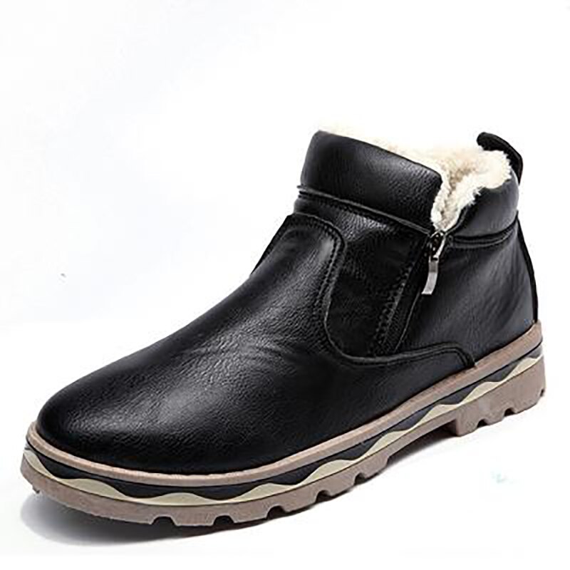 Mannen Bont Katoen Enkellaarsjes Casual Pluche Leer Super Warme Snowboots Mode Rits Flats Schoenen Antislip Winter laarzen: Black / 44
