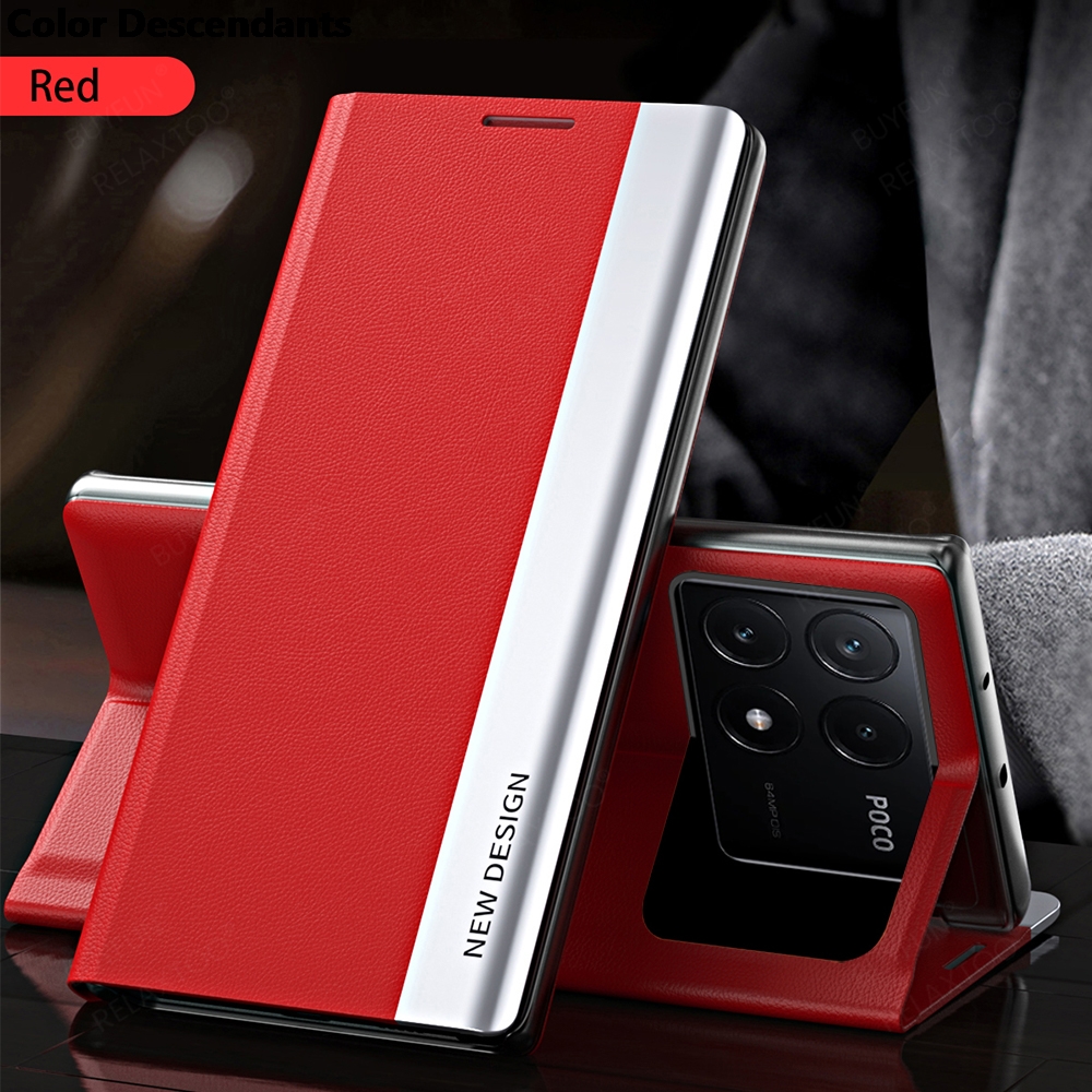 För poco  x6 pro 5g fodral i bokomslag, elektropläterat läder, flipfodral, pocox 6, poco little  x 6 x6 pro 6x, magnetiskt hållare, stativ: Magmuskler / Röd