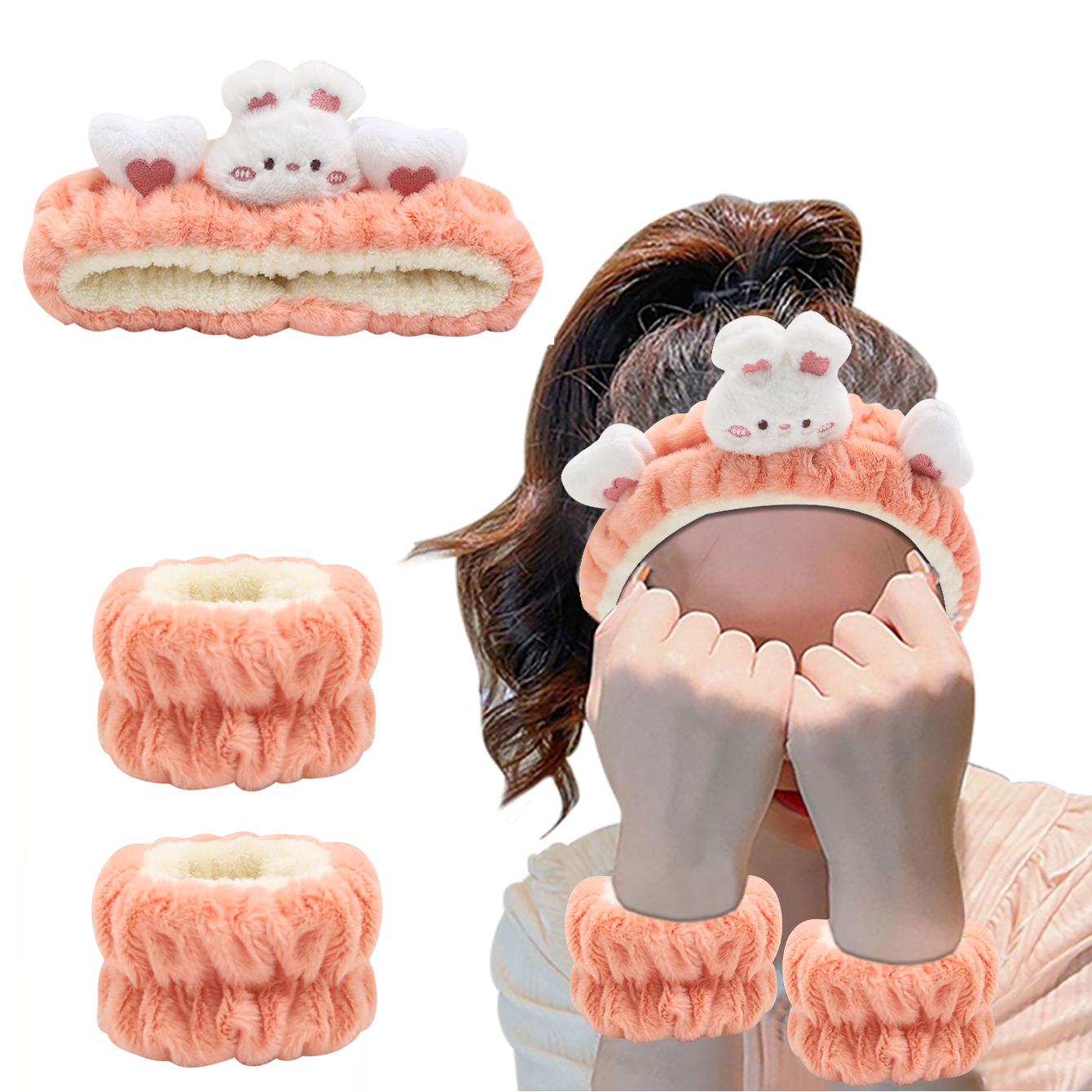 3-delige set make-up hoofdband polsbandje set schattige dieren gezicht wassen schoonmaken spa hairhand voor vrouwen