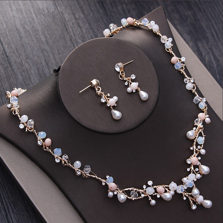 Noble Crystal Beads Pearl Gold Bridal Jewelry Sets Rhinestone Diadem Tiaras Necklace Earrings Baroque Crown Wedding Jewelry Set: 2Pcs Jewelry Set