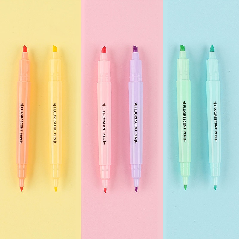 Rotulador subrayador de colores, suministros para oficina y escuela, marcador fluorescentes de doble punta con forma de dulce, juego de 6 unidades