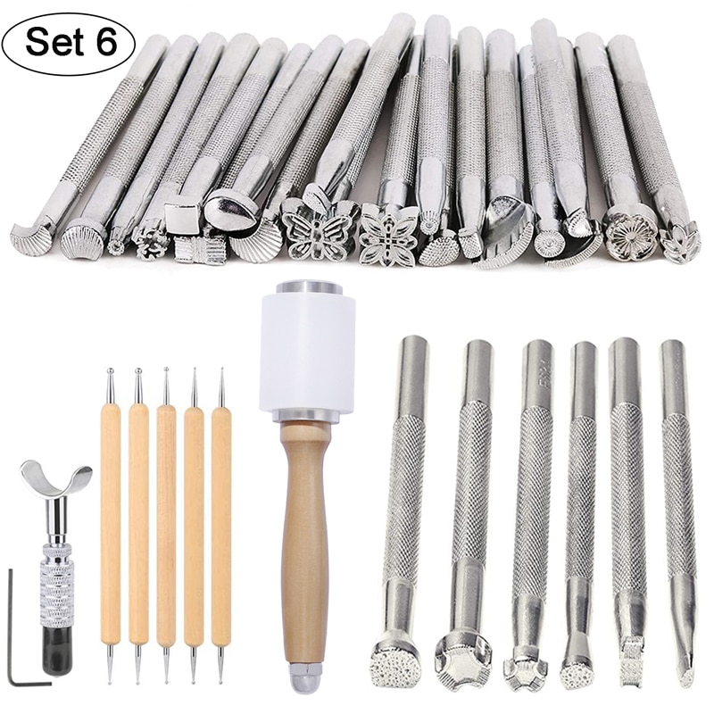 LMDZ Leather Craft Tools Kit Stitching Stamping Embossing Punch Saddle Groover Carving Hammer Set For Leather Working: Set 6 (33pcs)